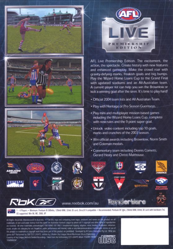 Back Cover for AFL Live: Premiership Edition (Windows) (Promotional Reebok release)