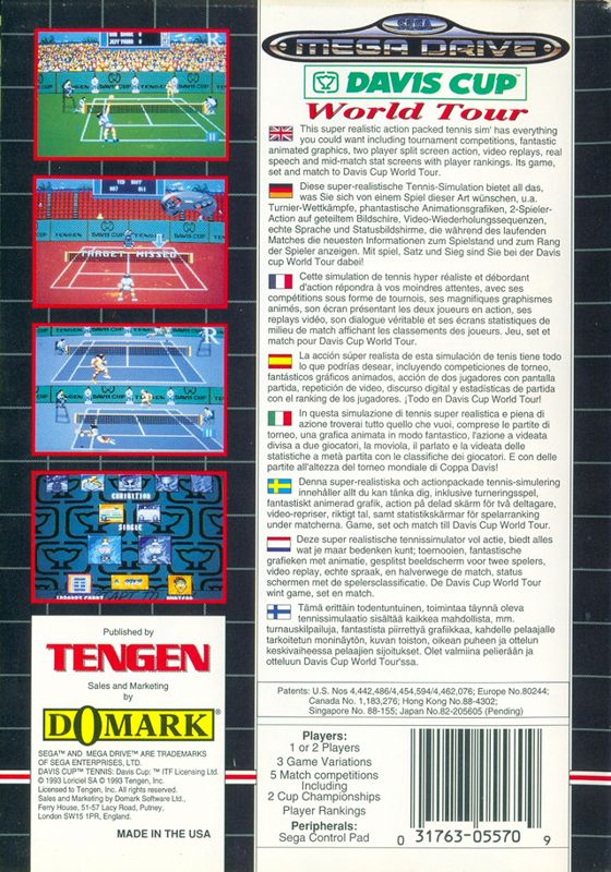 Back Cover for Davis Cup Tennis (Genesis)