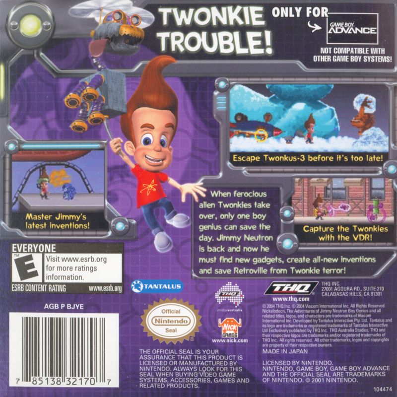 Back Cover for The Adventures of Jimmy Neutron: Boy Genius - Attack of the Twonkies (Game Boy Advance)
