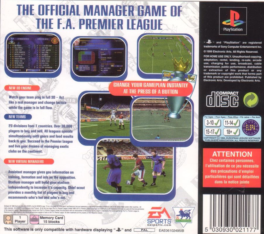 Back Cover for The F.A. Premier League Football Manager 2000 (PlayStation)