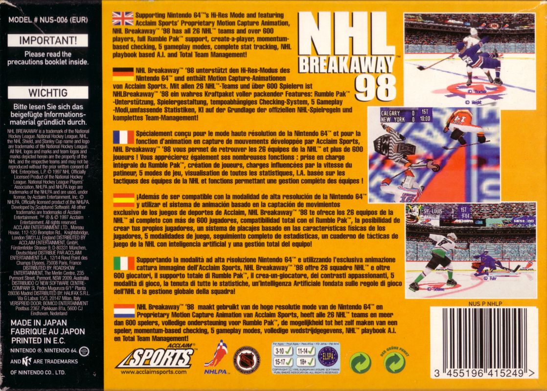 Back Cover for NHL Breakaway 98 (Nintendo 64)