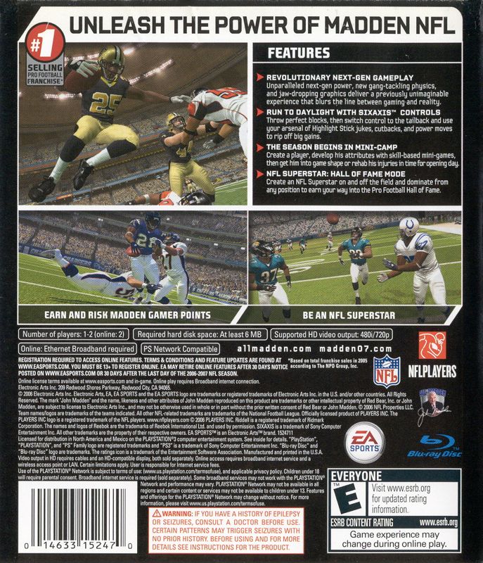 Back Cover for Madden NFL 07 (PlayStation 3)