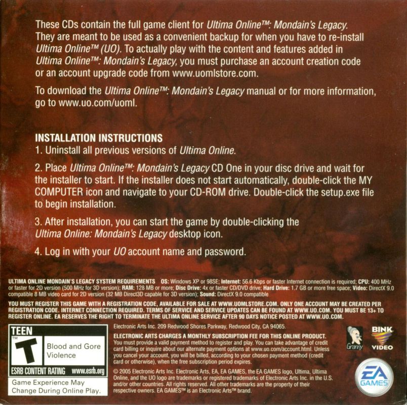 Back Cover for Ultima Online: Mondain's Legacy (Windows) (Back-up Disc)