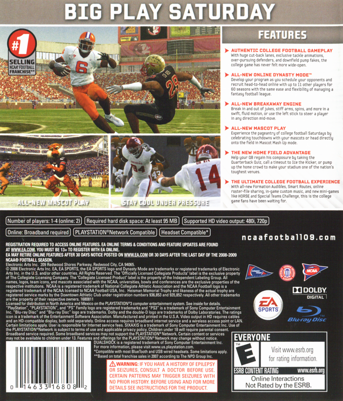 Back Cover for NCAA Football 09 (PlayStation 3)