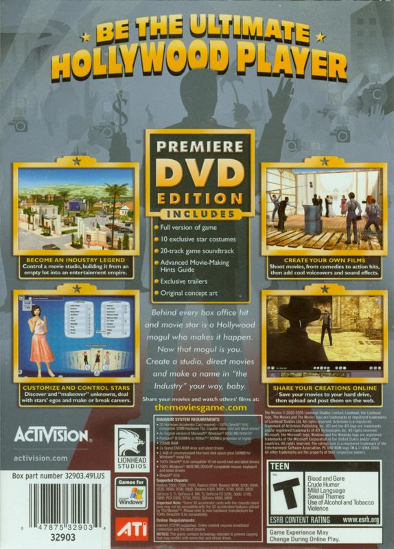 Back Cover for The Movies (Premiere Edition) (Windows)