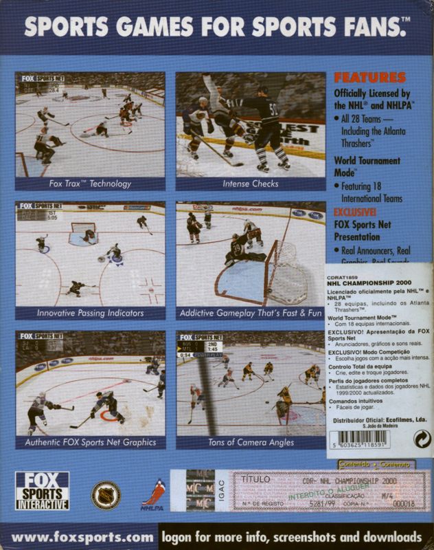 Back Cover for NHL Championship 2000 (Windows) (European cover with Portuguese distribution stickers)