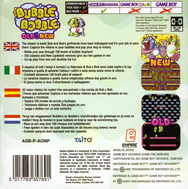 Back Cover for Bubble Bobble Old & New (Game Boy Advance)
