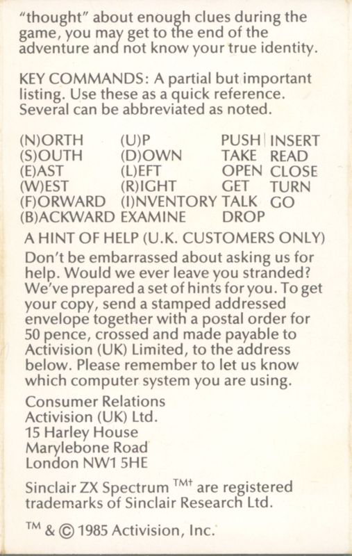Inside Cover for Mindshadow (ZX Spectrum)