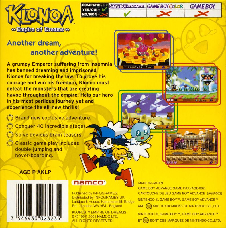 Back Cover for Klonoa: Empire of Dreams (Game Boy Advance)