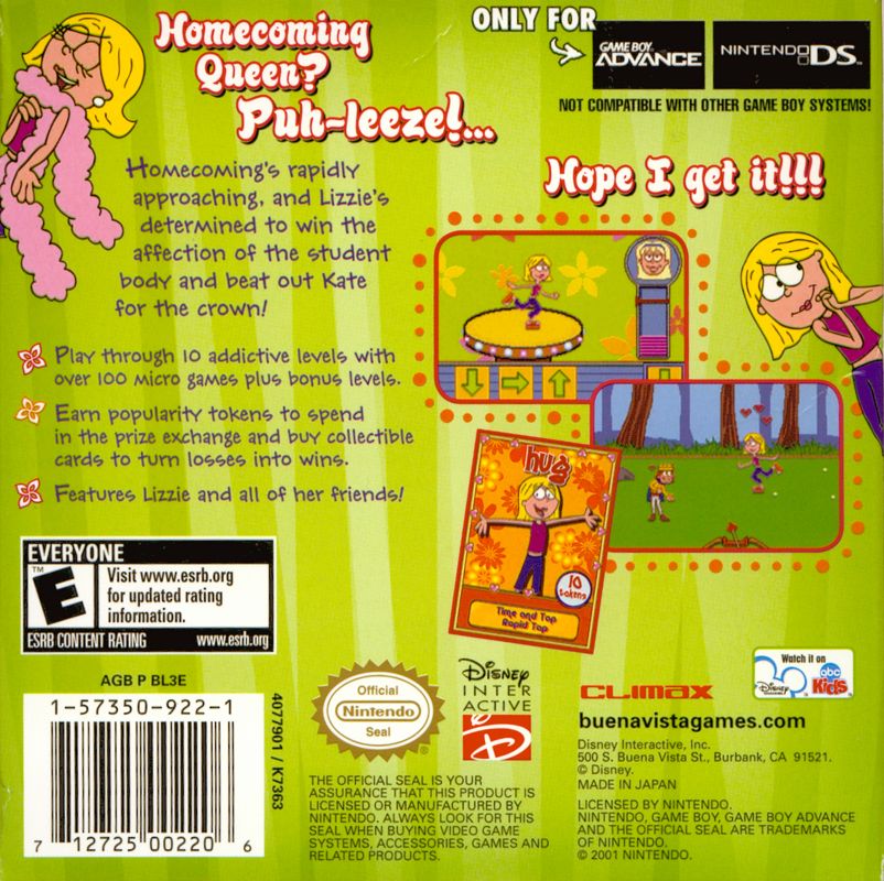 Back Cover for Lizzie McGuire 3: Homecoming Havoc (Game Boy Advance)