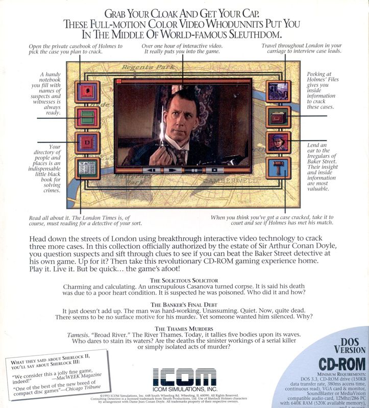 Back Cover for Sherlock Holmes: Consulting Detective - Volume III (DOS)