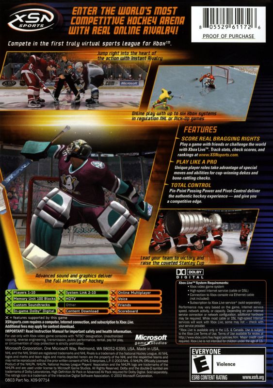 Back Cover for NHL Rivals 2004 (Xbox)