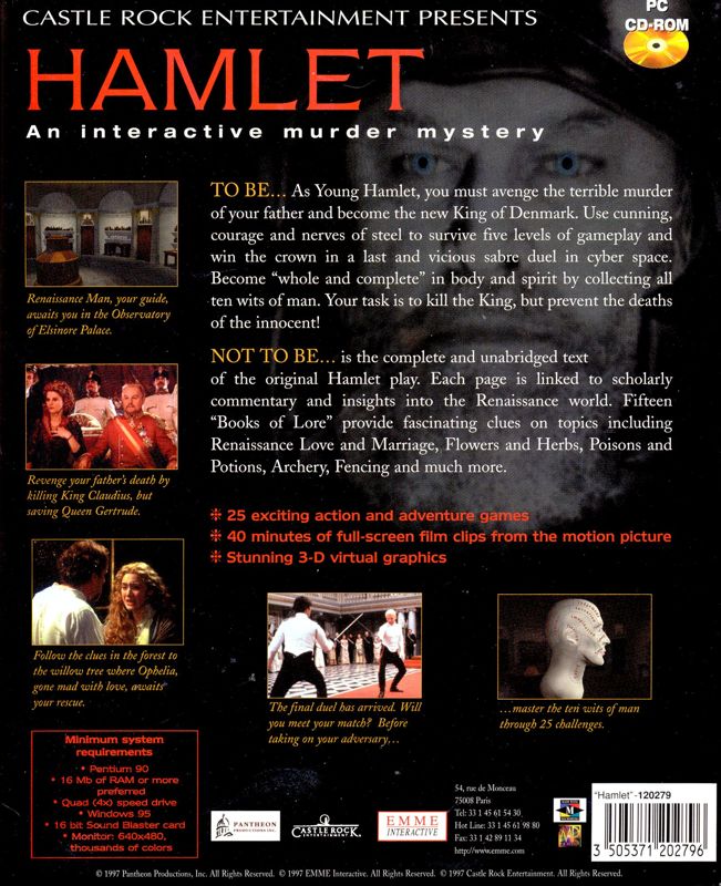 Back Cover for William Shakespeare's Hamlet: A Murder Mystery (Windows)