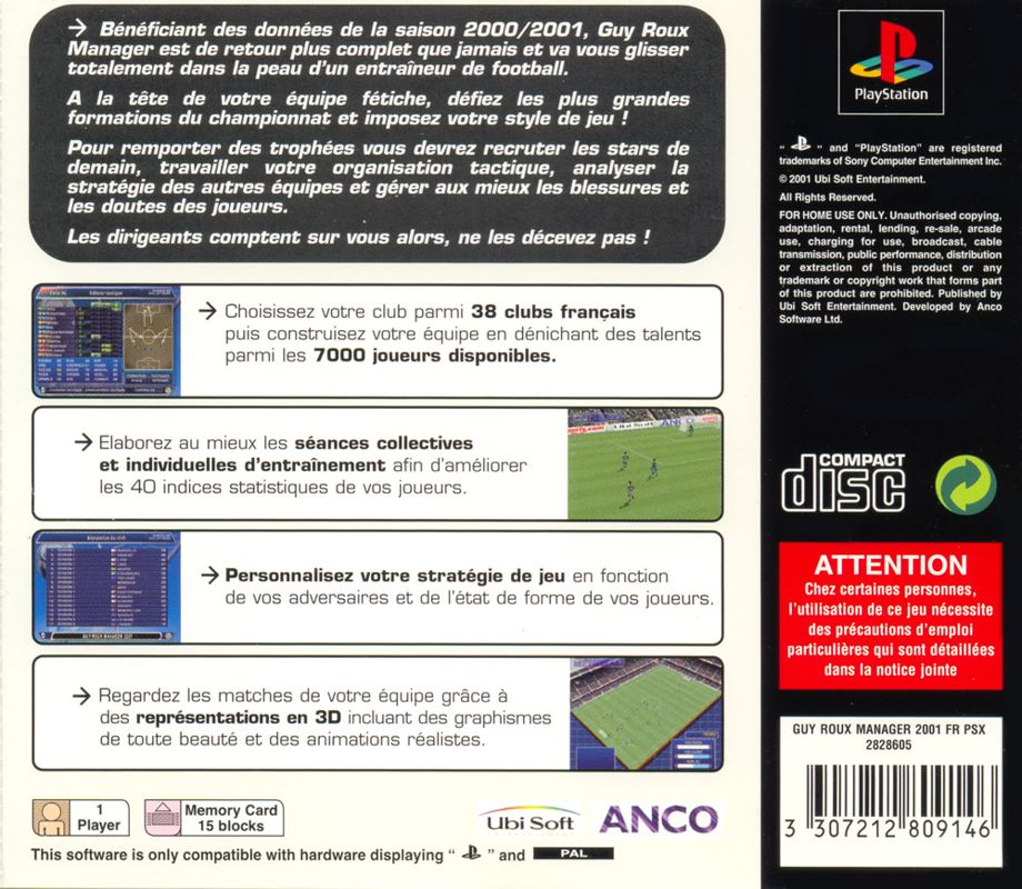 Back Cover for Alex Ferguson's Player Manager 2001 (PlayStation)