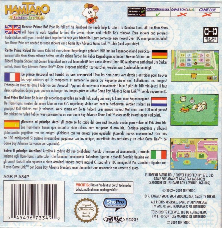 Back Cover for Hamtaro: Rainbow Rescue (Game Boy Advance)