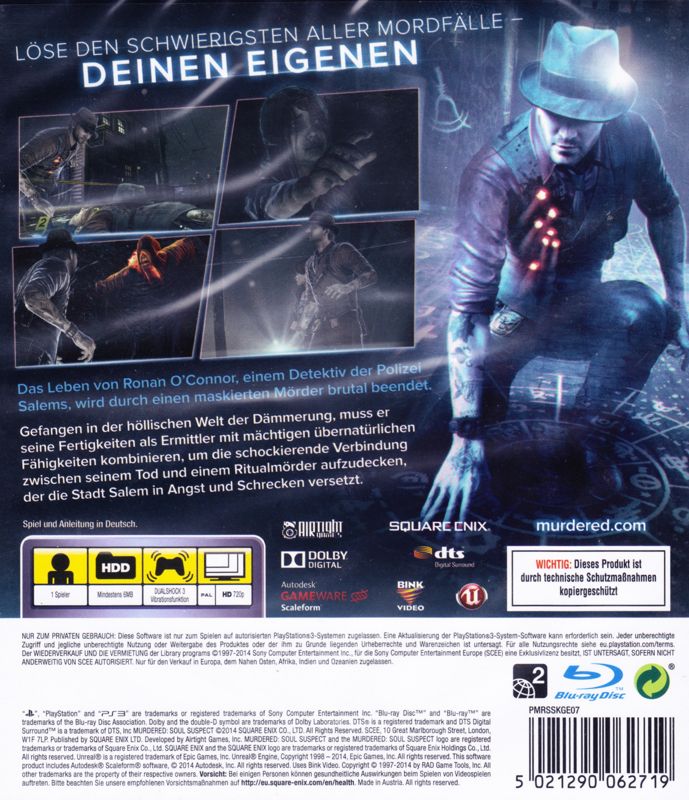 Back Cover for Murdered: Soul Suspect (PlayStation 3)