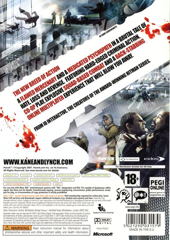 Back Cover for Kane & Lynch: Dead Men (Xbox 360)