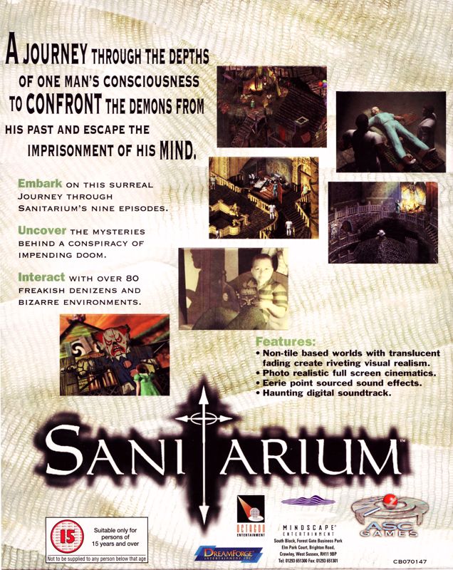 Back Cover for Sanitarium (Windows)