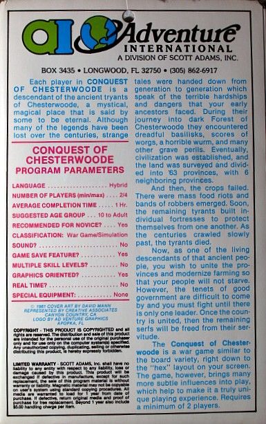 Back Cover for Conquest of Chesterwoode (TRS-80) (Styrofoam folder)