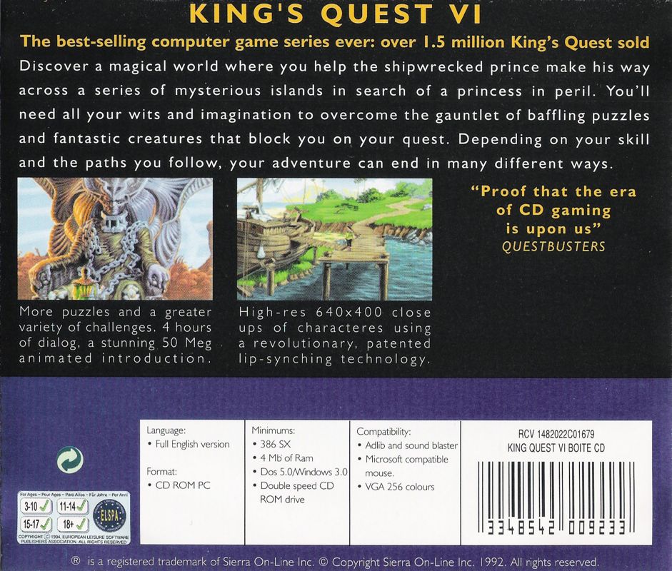 Other for King's Quest VI: Heir Today, Gone Tomorrow (DOS and Windows 3.x) (SierraOriginals release): Jewel Case - Back