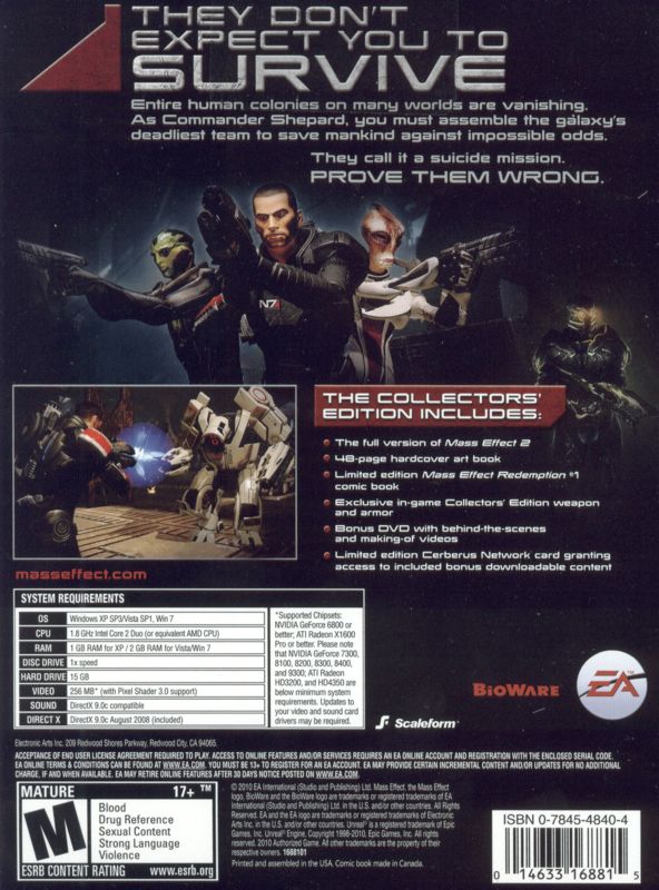 Back Cover for Mass Effect 2 (Collector's Edition) (Windows)