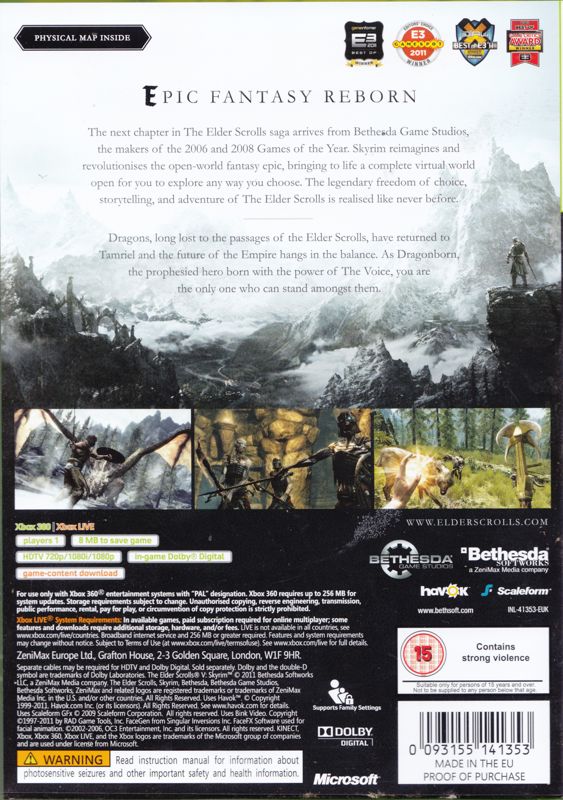 Back Cover for The Elder Scrolls V: Skyrim (Xbox 360)