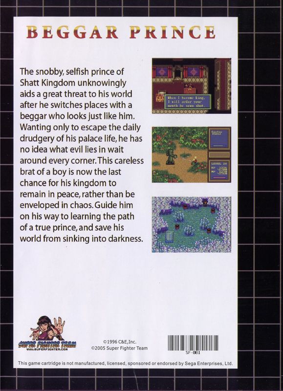 Back Cover for Beggar Prince (Genesis) (2006 Super Fighter Team re-issue, PAL and NTSC compatible)