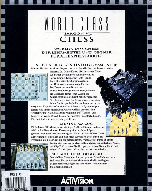 Back Cover for Sargon V: World Class Chess (DOS)