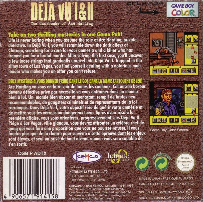 Back Cover for Déjà Vu I & II: The Casebooks of Ace Harding (Game Boy Color)