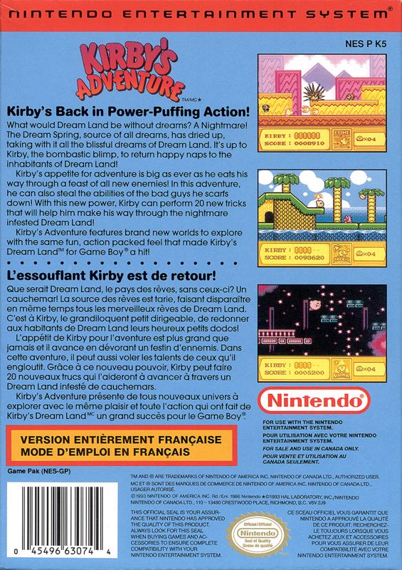 Back Cover for Kirby's Adventure (NES)