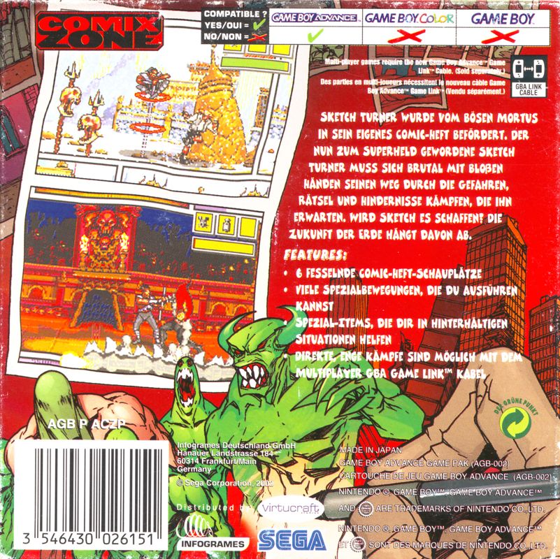 Back Cover for Comix Zone (Game Boy Advance)