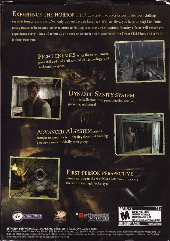 Back Cover for Call of Cthulhu: Dark Corners of the Earth (Windows)