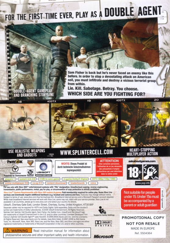 Back Cover for Tom Clancy's Splinter Cell: Double Agent (Xbox 360) (Promotional release)