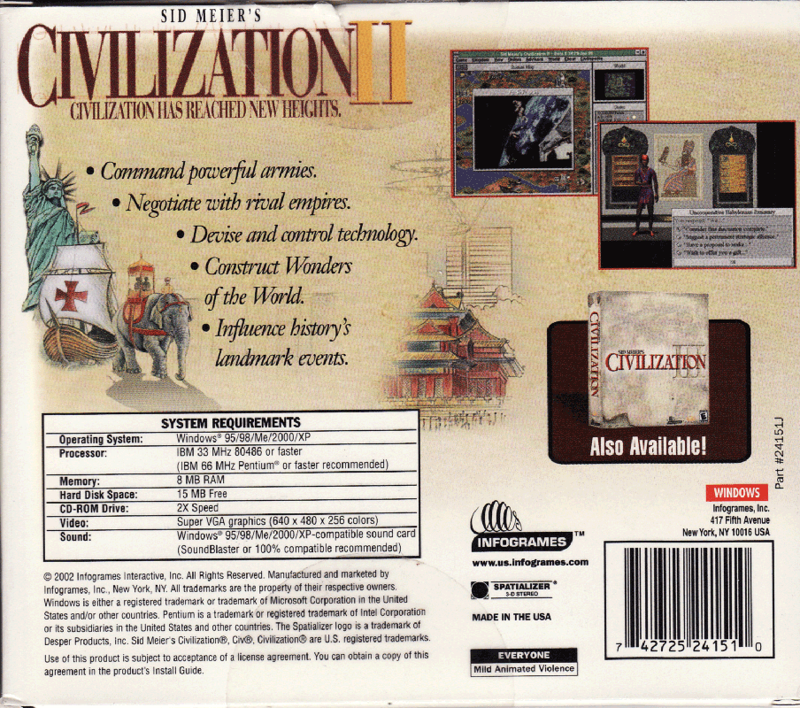 Back Cover for Sid Meier's Civilization II (Windows 3.x) (Infogrames release)