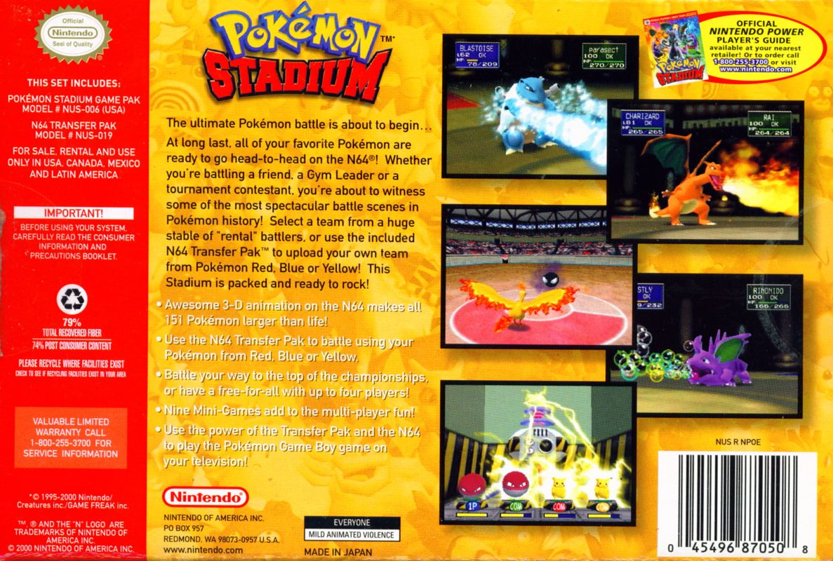 Back Cover for Pokémon Stadium (Nintendo 64)