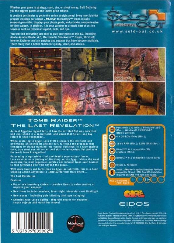 Back Cover for Tomb Raider: The Last Revelation (Windows) (Sold Out Software release)