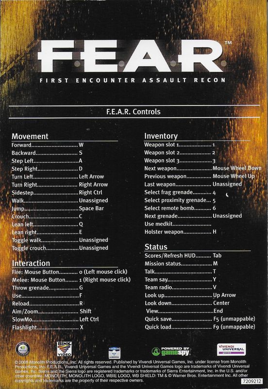 Manual for F.E.A.R.: Gold Edition (Windows): Back