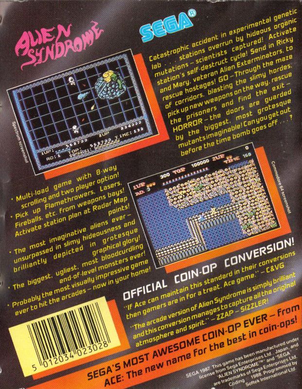 Back Cover for Alien Syndrome (Commodore 64)
