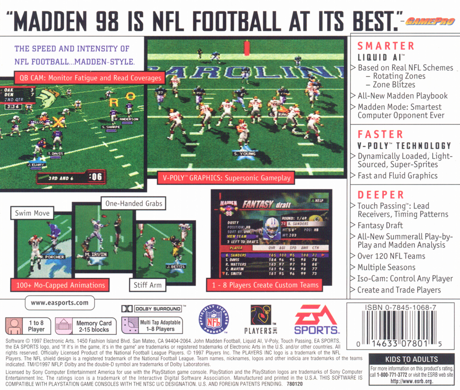 Back Cover for Madden NFL 98 (PlayStation)