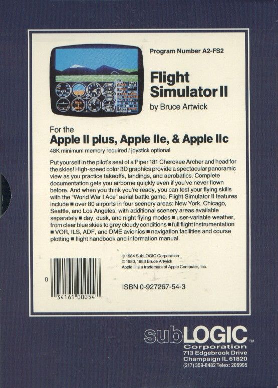 Back Cover for Flight Simulator II (Apple II)