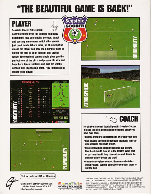 Back Cover for Sensible Soccer '98 (Windows)