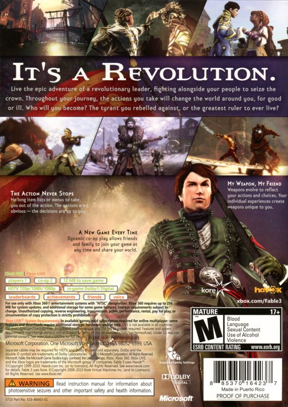 Back Cover for Fable III (Xbox 360) (Alternate (Made in Puerto Rico) release)