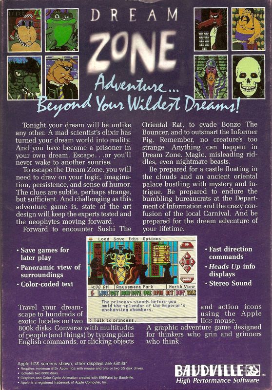 Back Cover for Dream Zone (Apple IIgs)