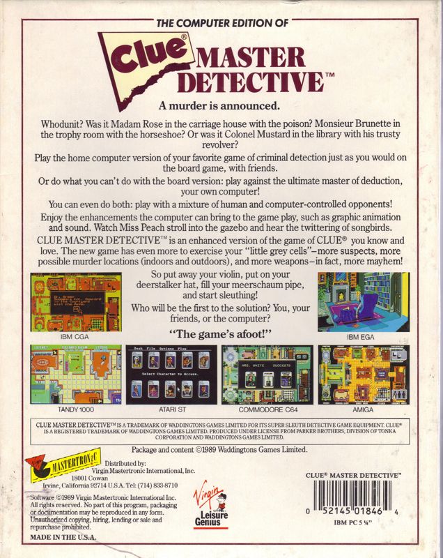 Back Cover for Clue: Master Detective (DOS) (Dual-media release)