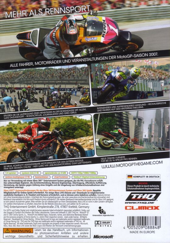 Back Cover for MotoGP '07 (Xbox 360)