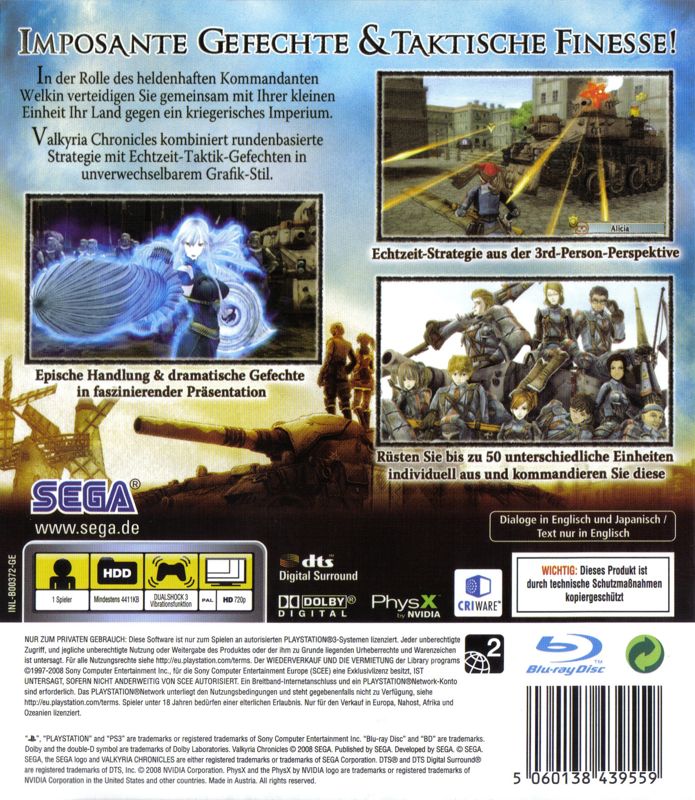 Back Cover for Valkyria Chronicles (PlayStation 3)