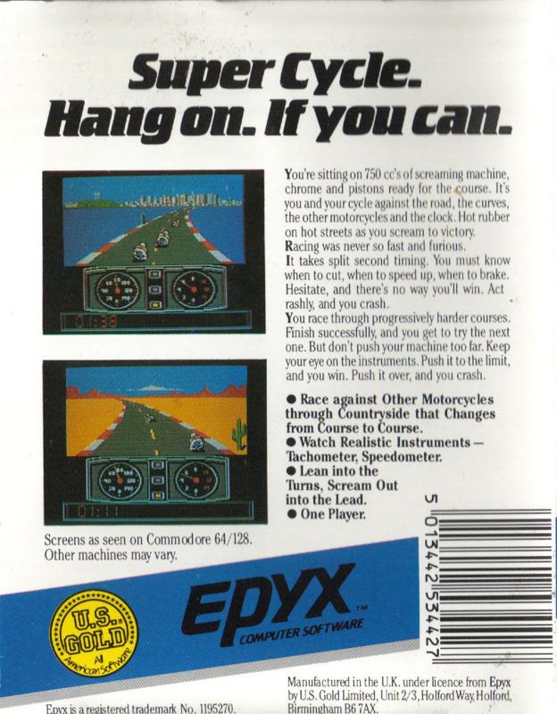 Back Cover for Super Cycle (Commodore 64) (Cassette version)