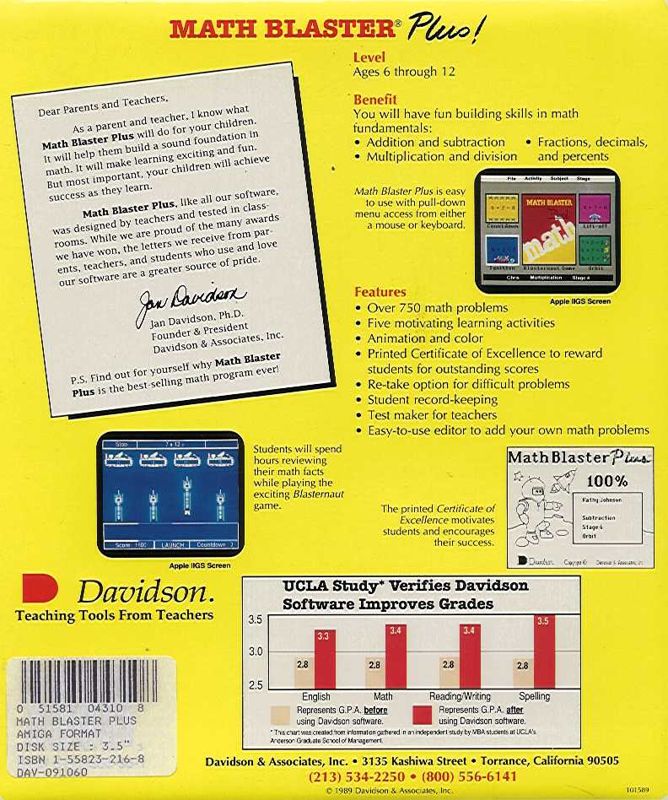 Back Cover for Math Blaster Plus! (Amiga)