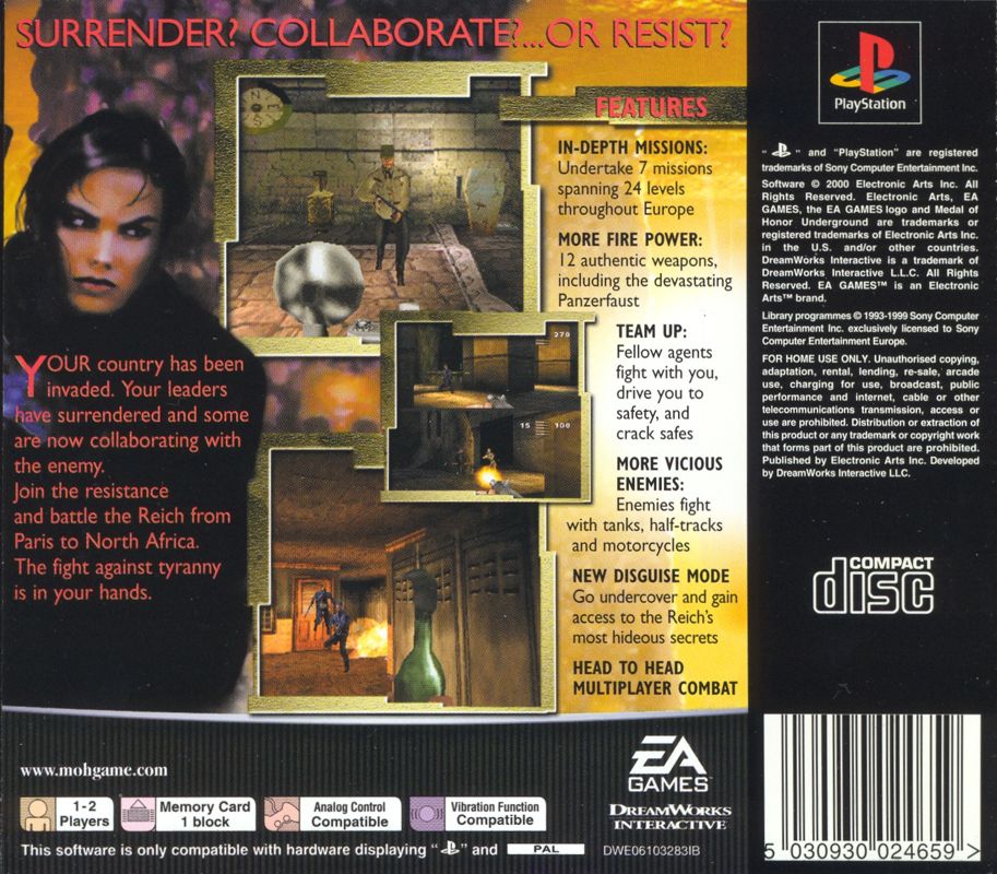 Back Cover for Medal of Honor: Underground (PlayStation)