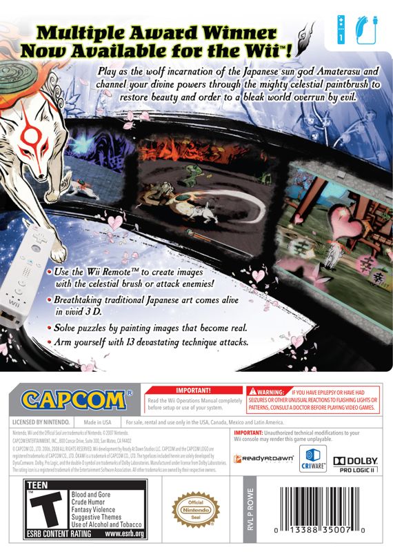 Back Cover for Ōkami (Wii) (Official corrected digital print packaging)